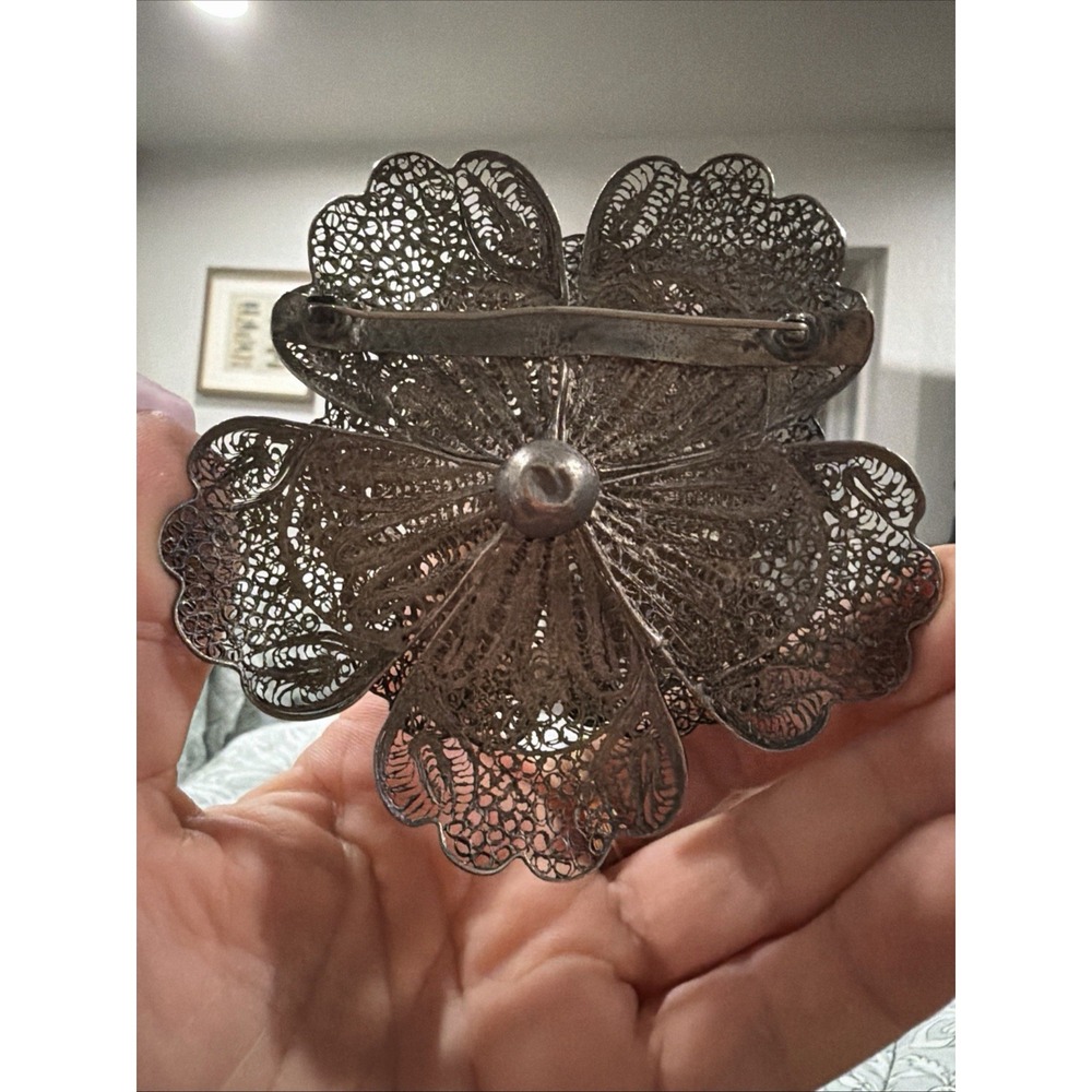 Antique Sterling Silver 925 Mexico Spun Filigree Floral Brooch Pin. 4" Wide!